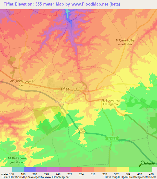 Tiflet,Morocco Elevation Map