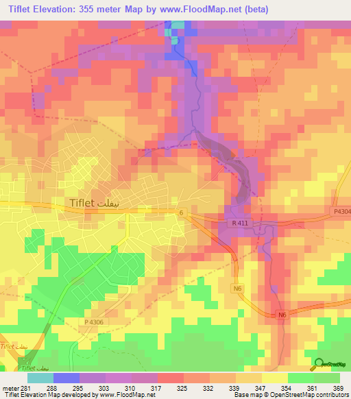 Tiflet,Morocco Elevation Map