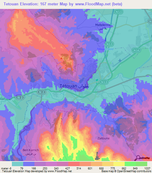 Tetouan,Morocco Elevation Map