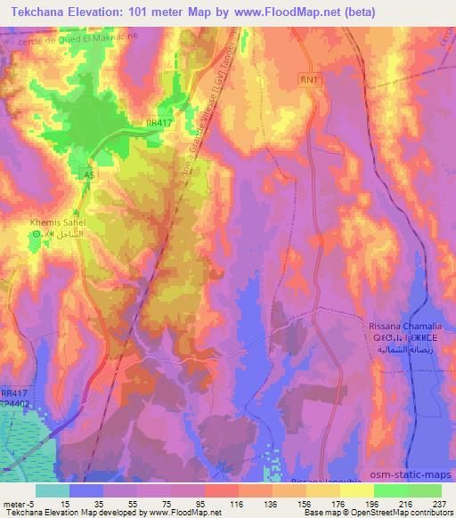 Tekchana,Morocco Elevation Map