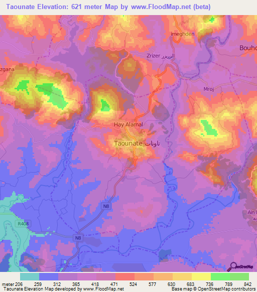 Taounate,Morocco Elevation Map