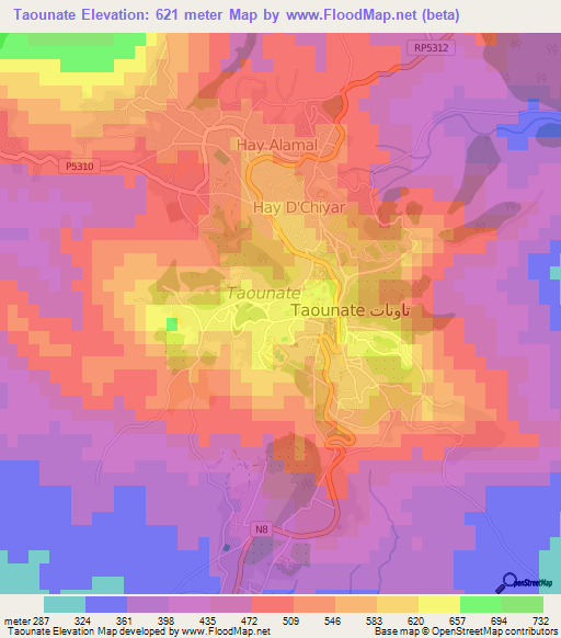 Taounate,Morocco Elevation Map