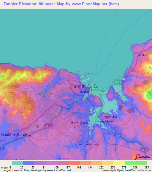 Tangier,Morocco Elevation Map