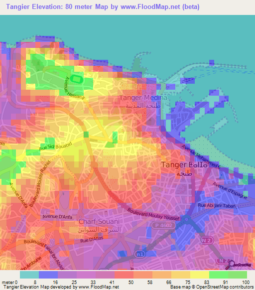 Tangier,Morocco Elevation Map