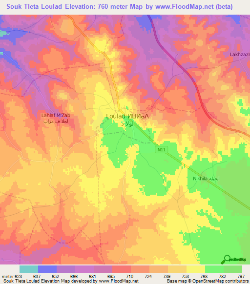 Souk Tleta Loulad,Morocco Elevation Map