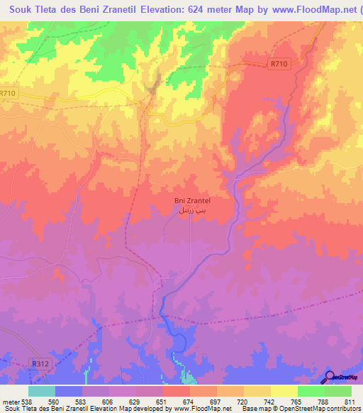 Souk Tleta des Beni Zranetil,Morocco Elevation Map