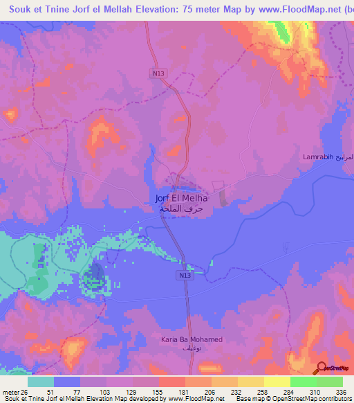 Souk et Tnine Jorf el Mellah,Morocco Elevation Map