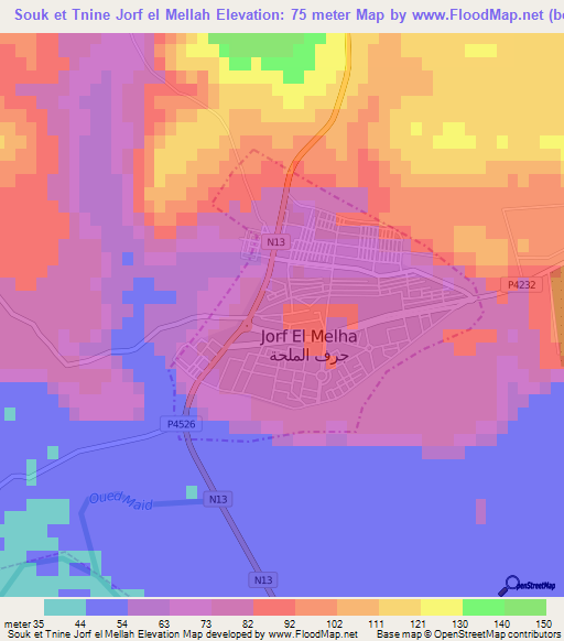 Souk et Tnine Jorf el Mellah,Morocco Elevation Map