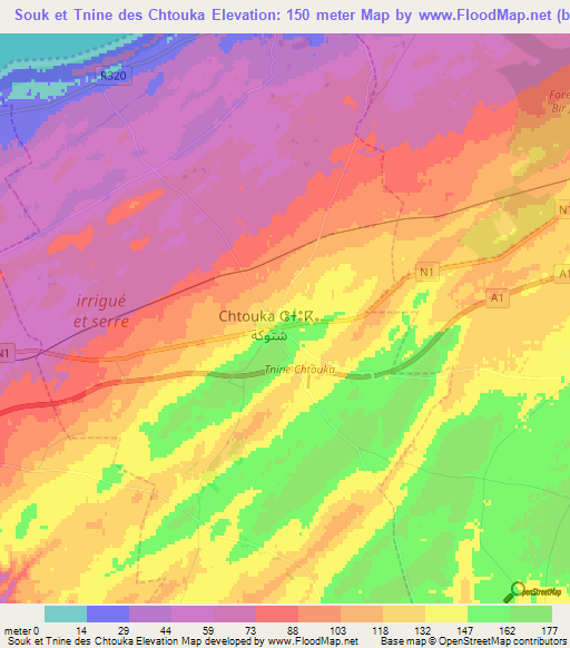 Souk et Tnine des Chtouka,Morocco Elevation Map