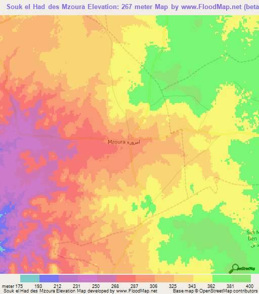 Souk el Had des Mzoura,Morocco Elevation Map