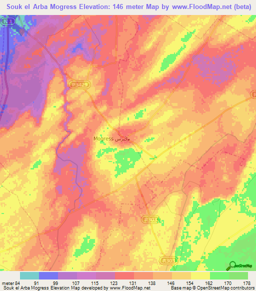 Souk el Arba Mogress,Morocco Elevation Map
