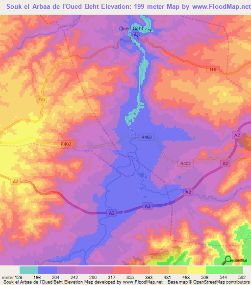 Souk el Arbaa de l'Oued Beht,Morocco Elevation Map