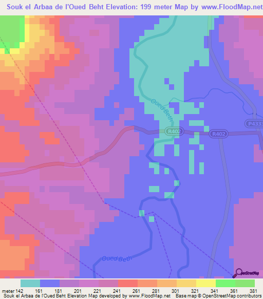 Souk el Arbaa de l'Oued Beht,Morocco Elevation Map