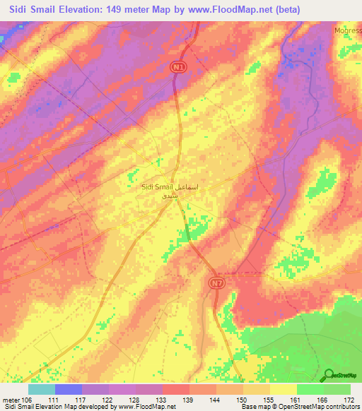 Sidi Smail,Morocco Elevation Map