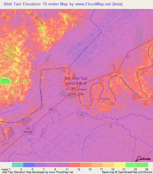 Allal Tazi,Morocco Elevation Map