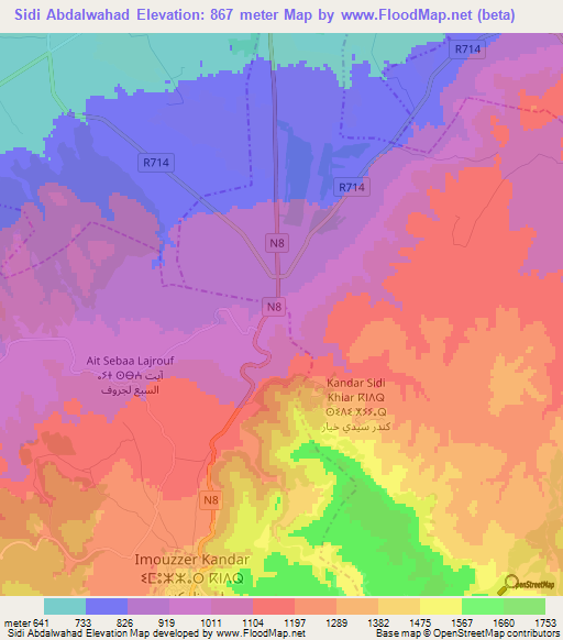 Sidi Abdalwahad,Morocco Elevation Map