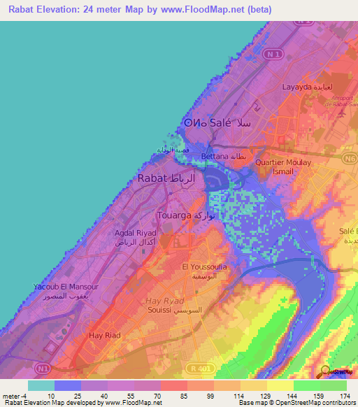 Rabat,Morocco Elevation Map