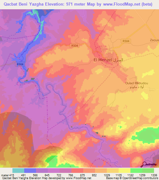 Qacbat Beni Yazgha,Morocco Elevation Map