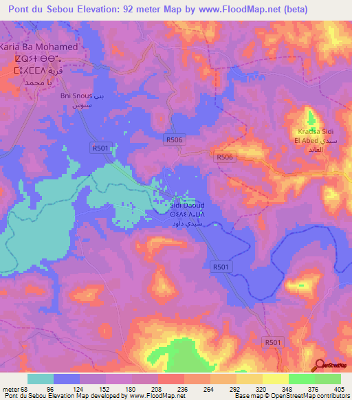 Pont du Sebou,Morocco Elevation Map