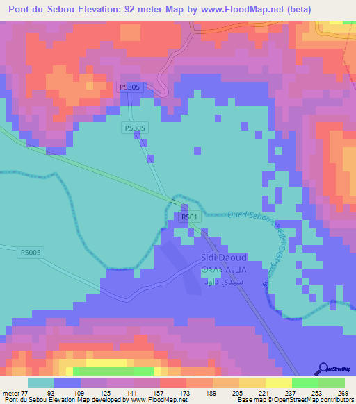 Pont du Sebou,Morocco Elevation Map