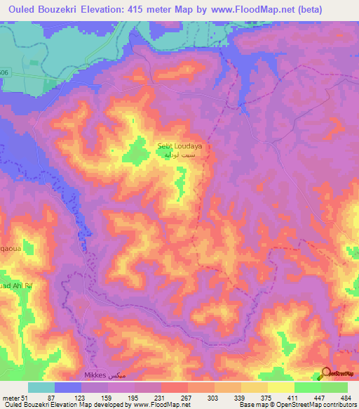 Ouled Bouzekri,Morocco Elevation Map