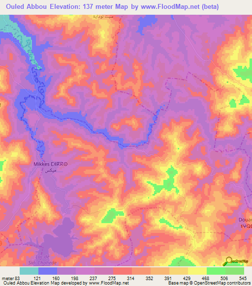 Ouled Abbou,Morocco Elevation Map