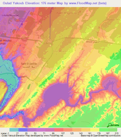 Oulad Yakoub,Morocco Elevation Map