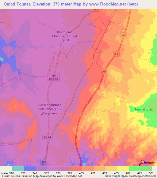 Oulad Tounza,Morocco Elevation Map