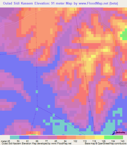 Oulad Sidi Kassem,Morocco Elevation Map