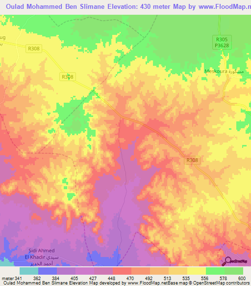 Oulad Mohammed Ben Slimane,Morocco Elevation Map