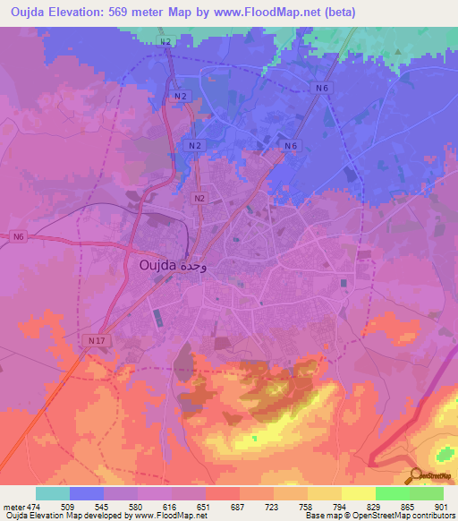 Oujda,Morocco Elevation Map