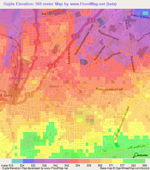 Oujda,Morocco Elevation Map