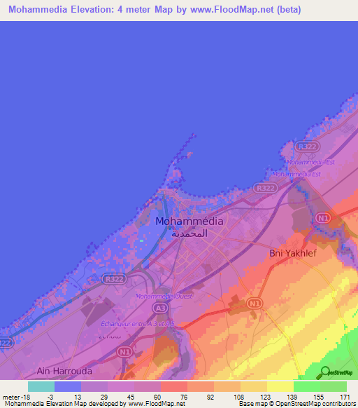 Mohammedia,Morocco Elevation Map