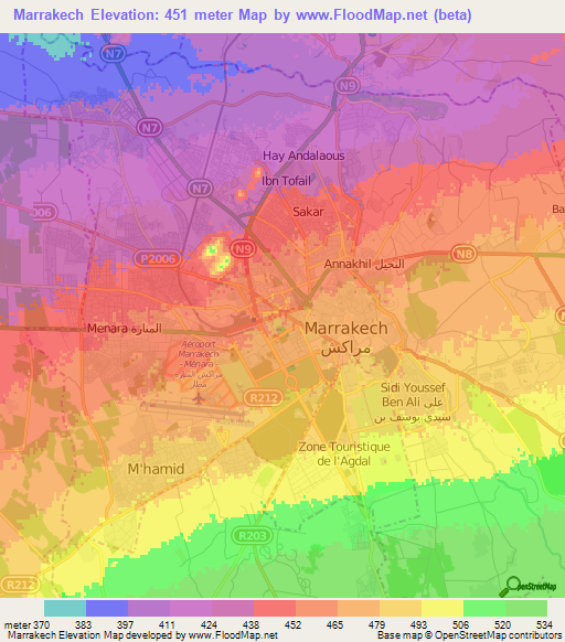 Marrakech,Morocco Elevation Map