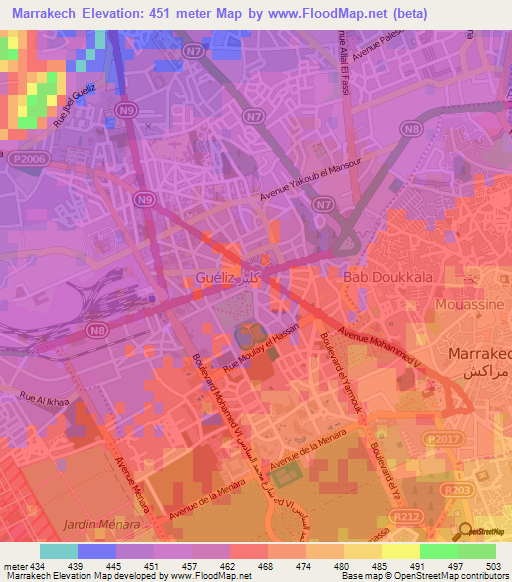 Marrakech,Morocco Elevation Map