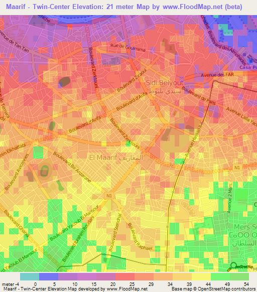 Maarif - Twin-Center,Morocco Elevation Map