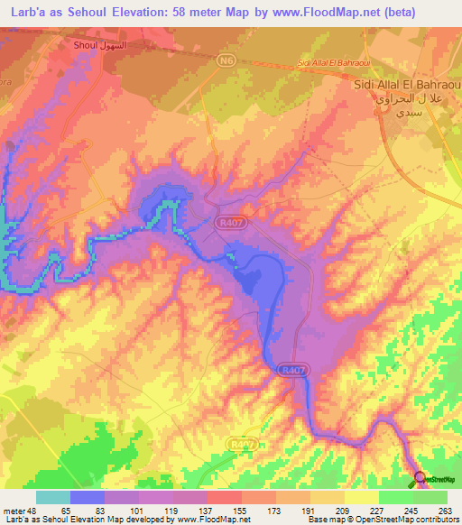 Larb'a as Sehoul,Morocco Elevation Map