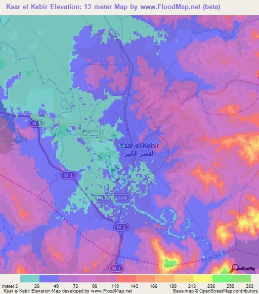 Ksar el Kebir,Morocco Elevation Map