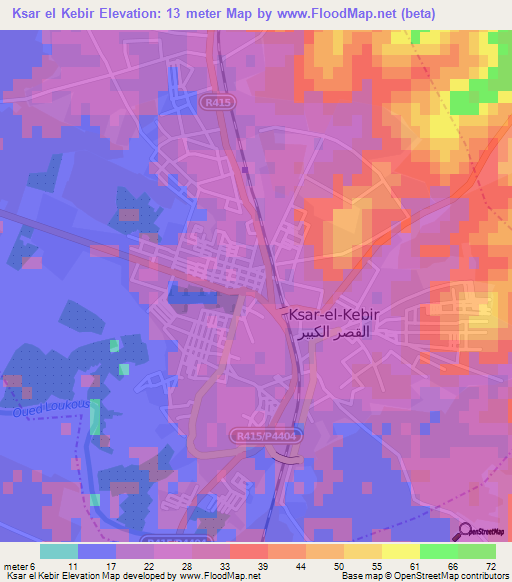Ksar el Kebir,Morocco Elevation Map