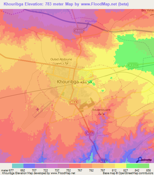 Khouribga,Morocco Elevation Map