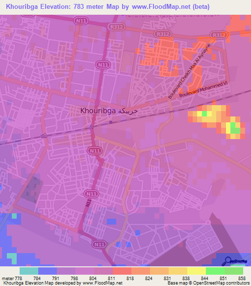 Khouribga,Morocco Elevation Map