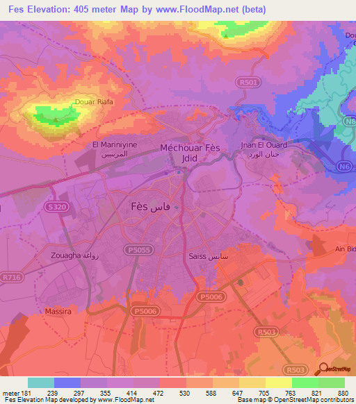 Fes,Morocco Elevation Map