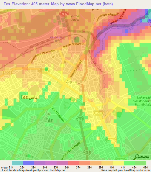 Fes,Morocco Elevation Map