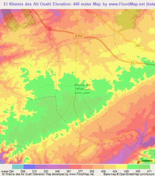 El Khemis des Ait Ouahi,Morocco Elevation Map