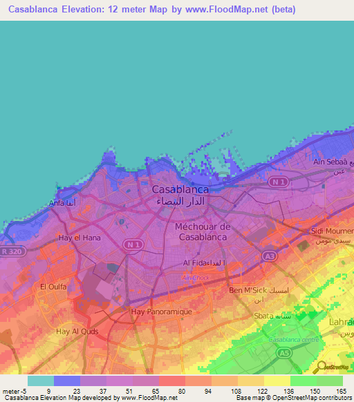 Casablanca,Morocco Elevation Map