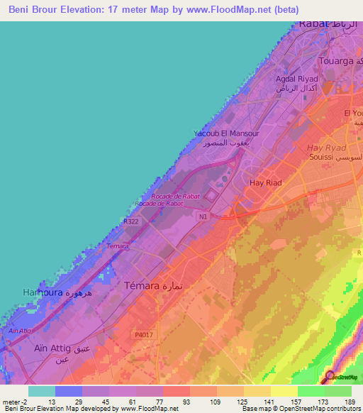 Beni Brour,Morocco Elevation Map