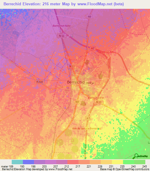 Berrechid,Morocco Elevation Map