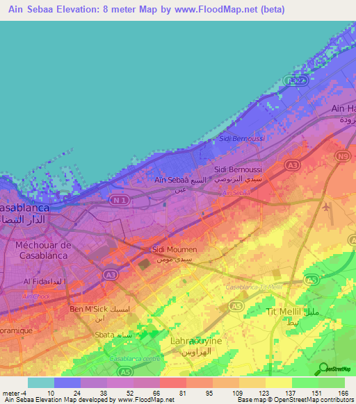 Ain Sebaa,Morocco Elevation Map