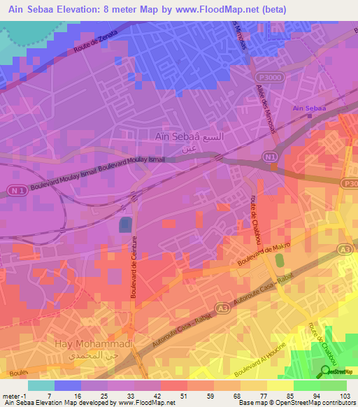 Ain Sebaa,Morocco Elevation Map