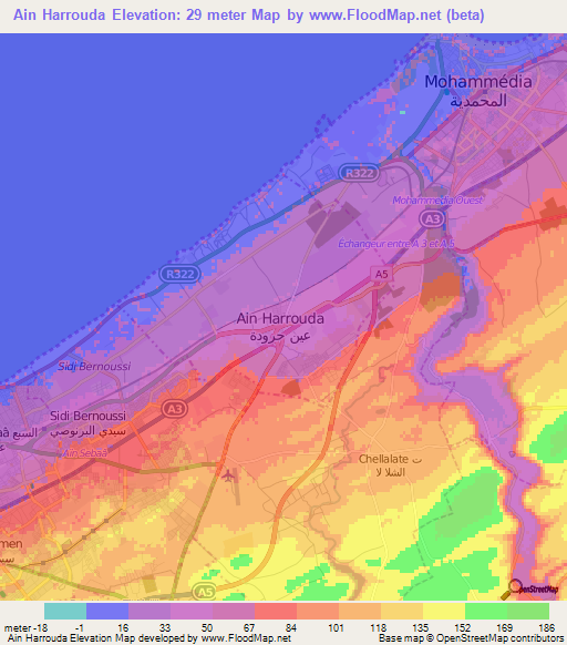 Ain Harrouda,Morocco Elevation Map